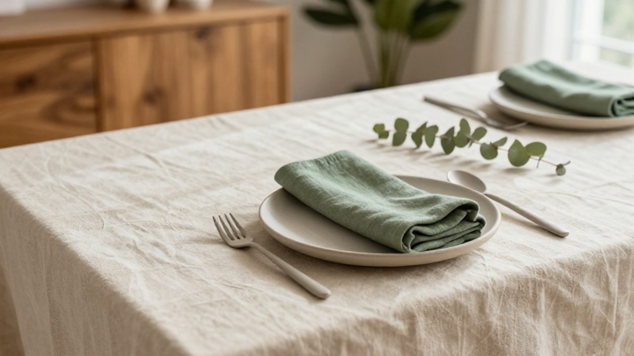 Mesa de comedor con mantel de lino color crema y servilletas verde salvia sobre platos de cerámica, decorada con una rama de eucalipto seco.