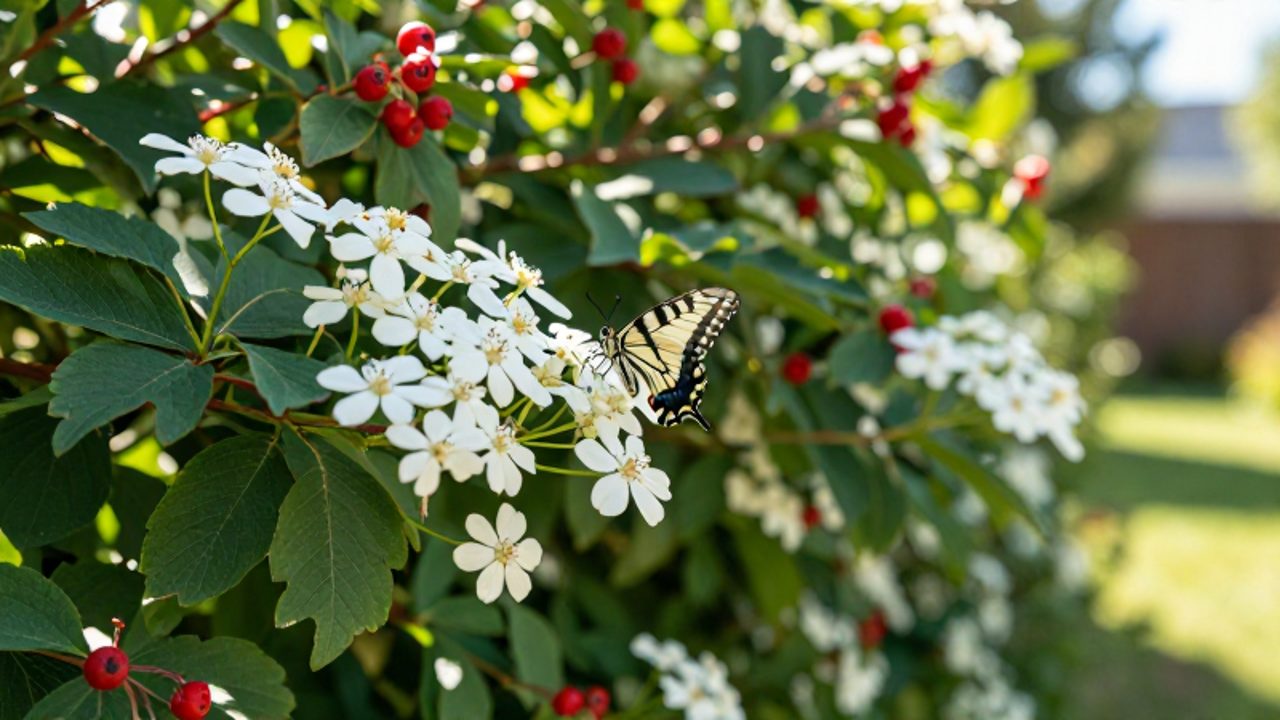 Una mariposa posada sobre las flores blancas de un seto de sorbo con bayas rojas en un jardín soleado.