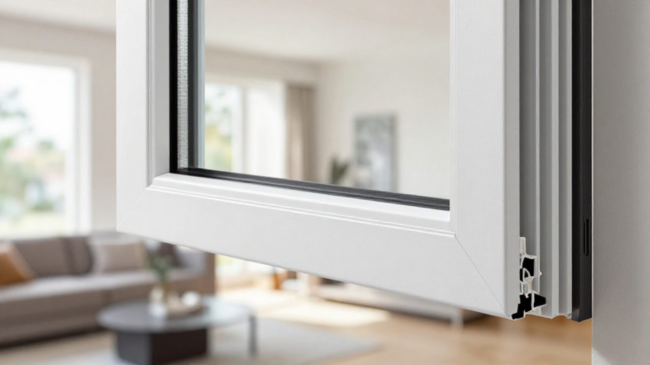 Primer plano del perfil de un cristal con múltiples capas de aislamiento térmico instalado en una ventana de una vivienda luminosa.
