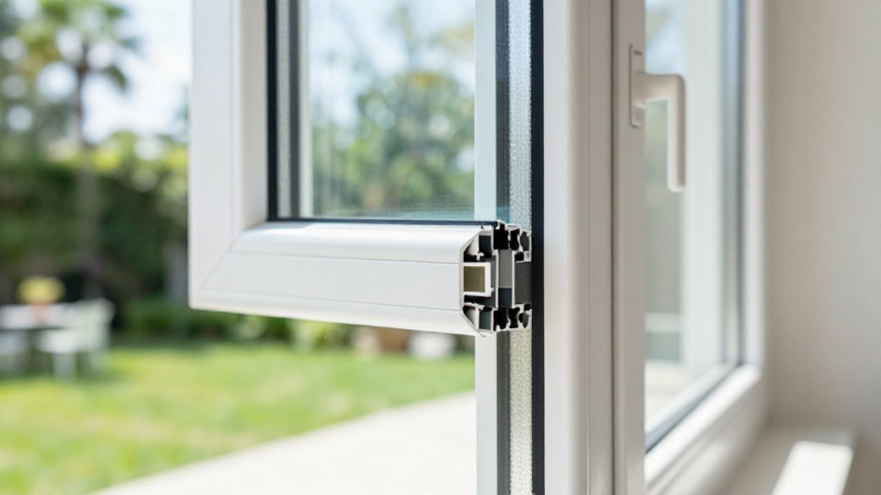 Perfil lateral de un cristal de ventana que muestra las capas de vidrio y las cámaras de gas aislante entre ellas.