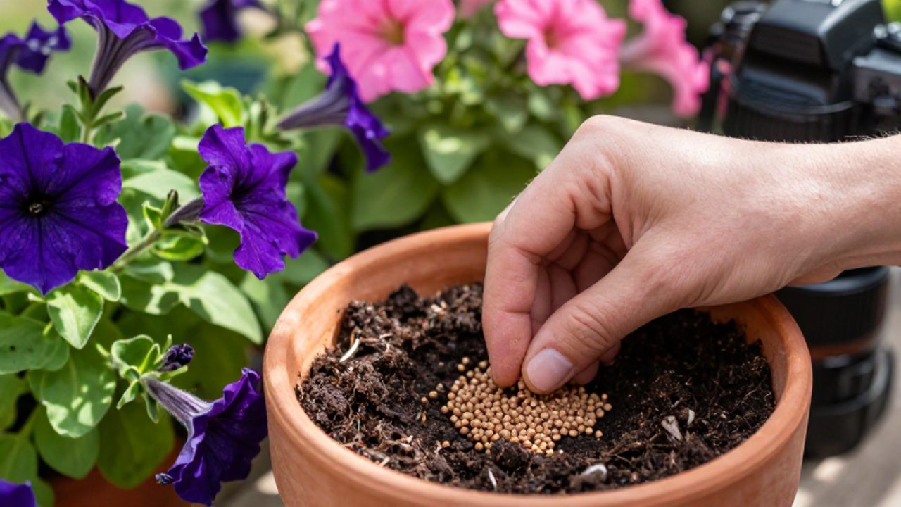 Manos esparciendo gránulos de fertilizante sobre la tierra de una maceta con petunias de color púrpura y rosa.