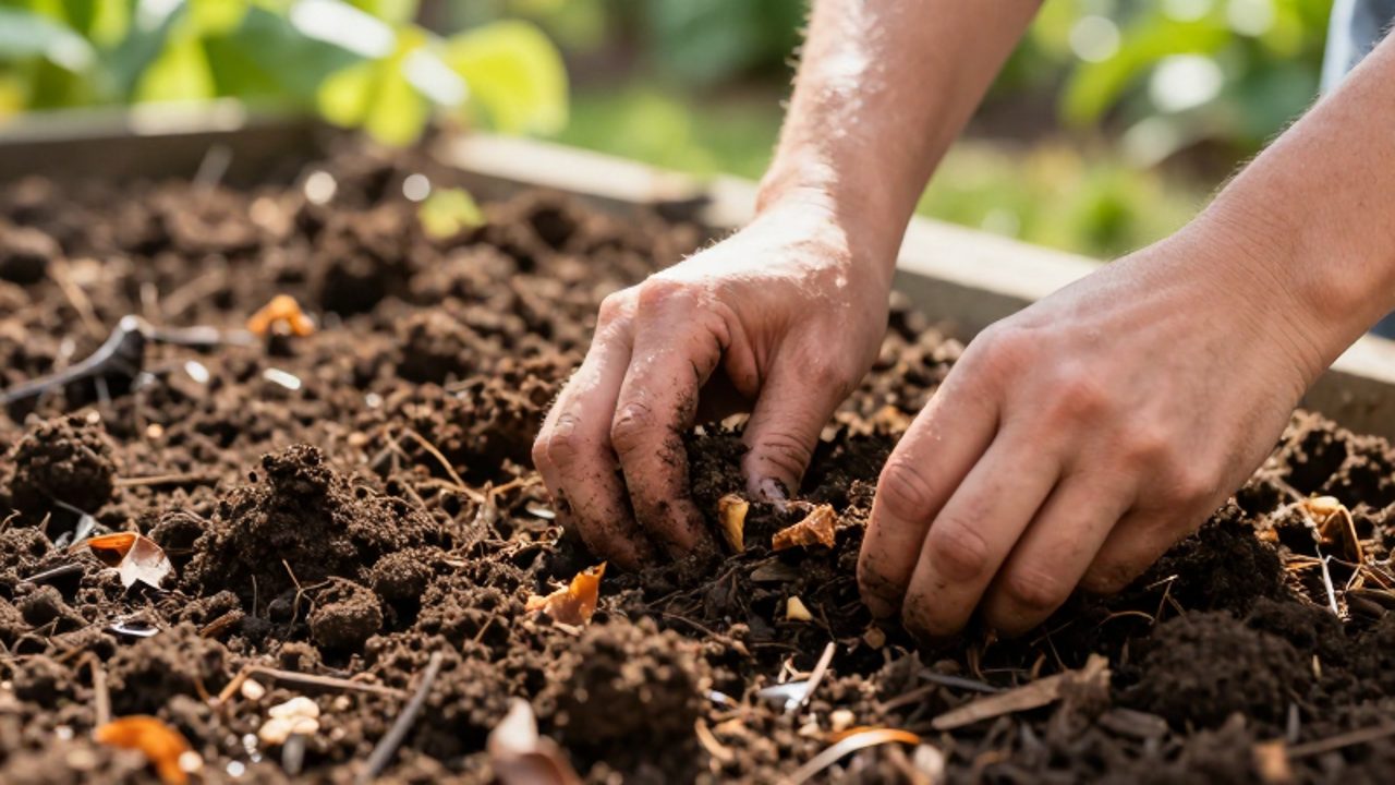 Unas manos mezclan compost orgánico en un suelo fértil y oscuro dentro de un jardín soleado.