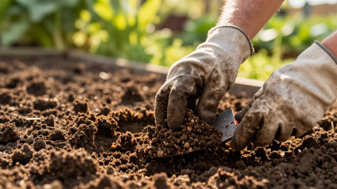 Unas manos con guantes mezclan compost orgánico con tierra fértil en un lecho de cultivo.