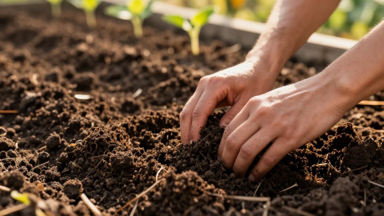 Unas manos mezclan compost orgánico oscuro en un lecho de tierra fértil con pequeños brotes de girasol al fondo.