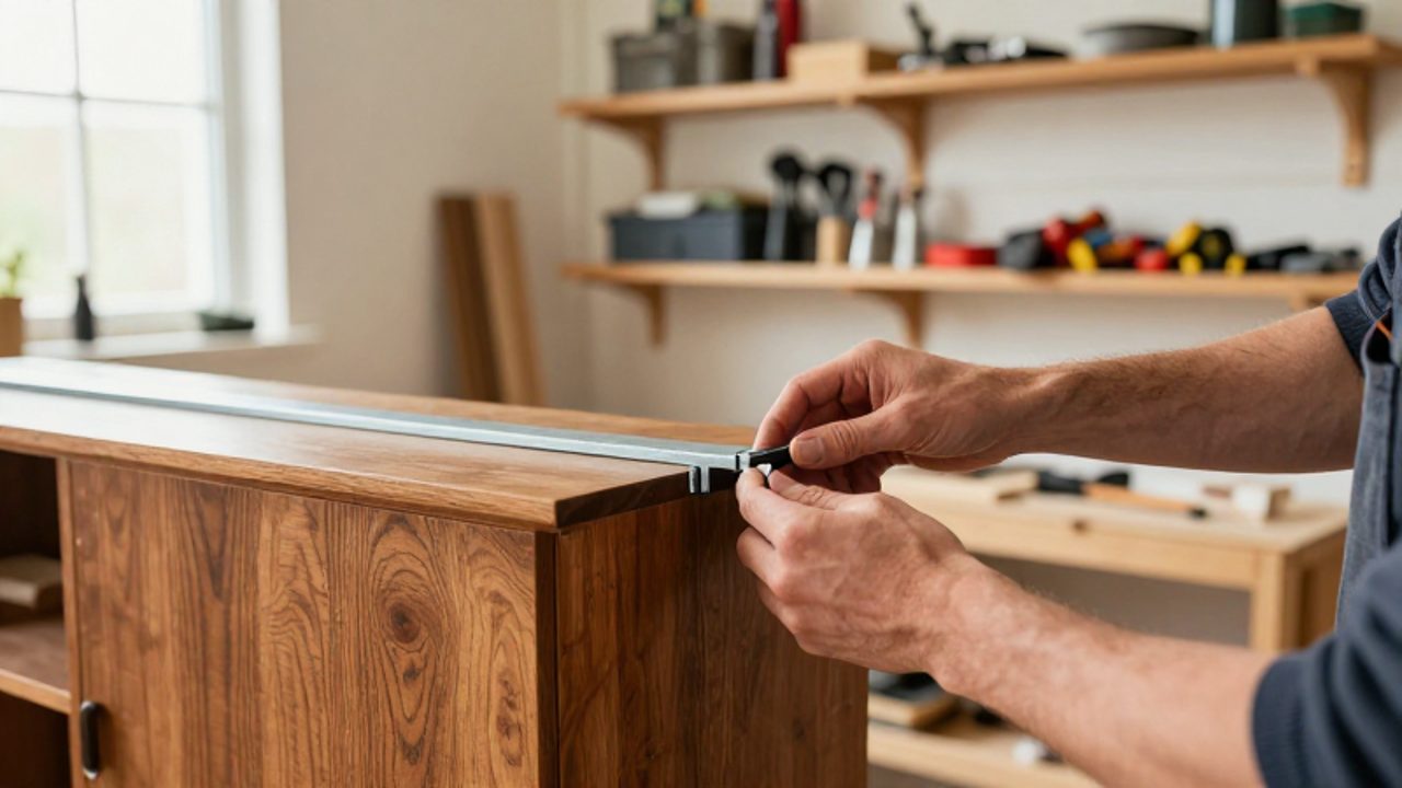 Manos instalando un soporte metálico en la esquina de un mueble de madera antiguo para convertirlo en organizador de herramientas.