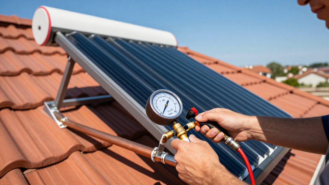 Un técnico revisa las conexiones de un calentador solar residencial con un manómetro sobre un tejado bajo la luz del sol.