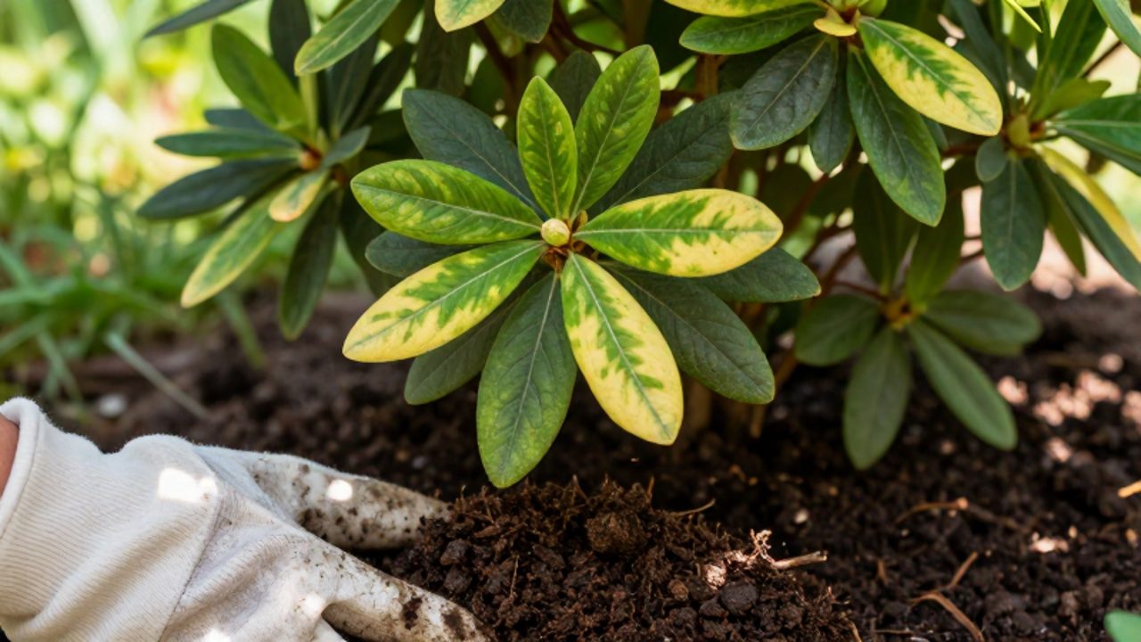 Una mano con guante aplica mantillo orgánico en la base de un arbusto de azalea cuyas hojas muestran signos de clorosis entre las venas.