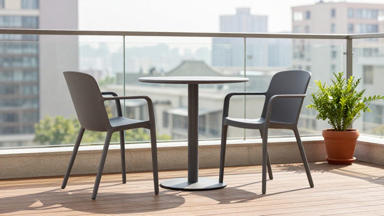 Mesa y dos sillas de plástico gris oscuro dispuestas en una terraza urbana pequeña con suelo de madera y vistas a la ciudad.