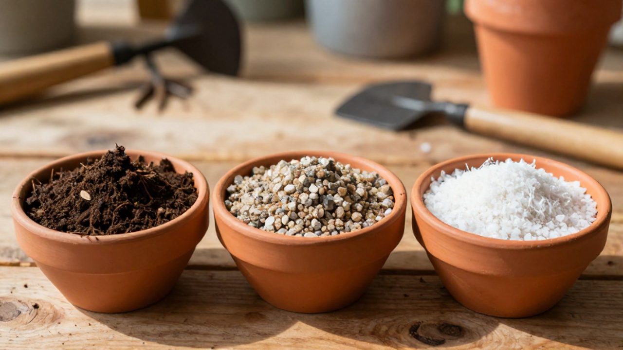 Tres cuencos de terracota sobre una mesa de madera muestran distintas texturas de sustrato para cactus: una mezcla comercial oscura, una mezcla arenosa con grava y perlita, y una mezcla ligera de coco y perlita.
