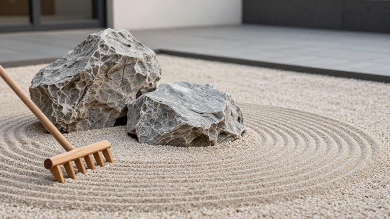 Piedras de granito gris sobre grava de color beige con patrones ondulados trazados por un rastrillo de madera.