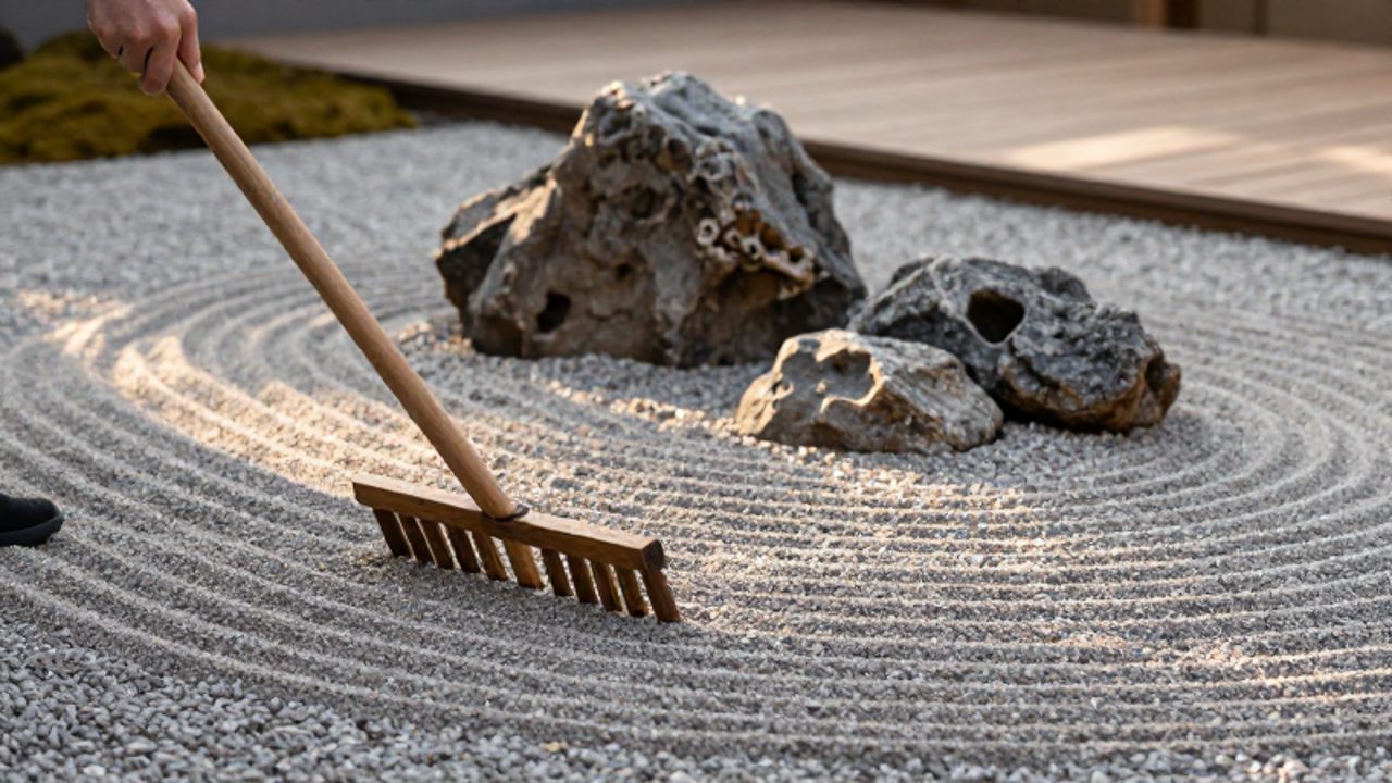 Unas manos utilizan un rastrillo de madera para crear ondas concéntricas en la grava gris alrededor de varias rocas de basalto en un jardín zen.