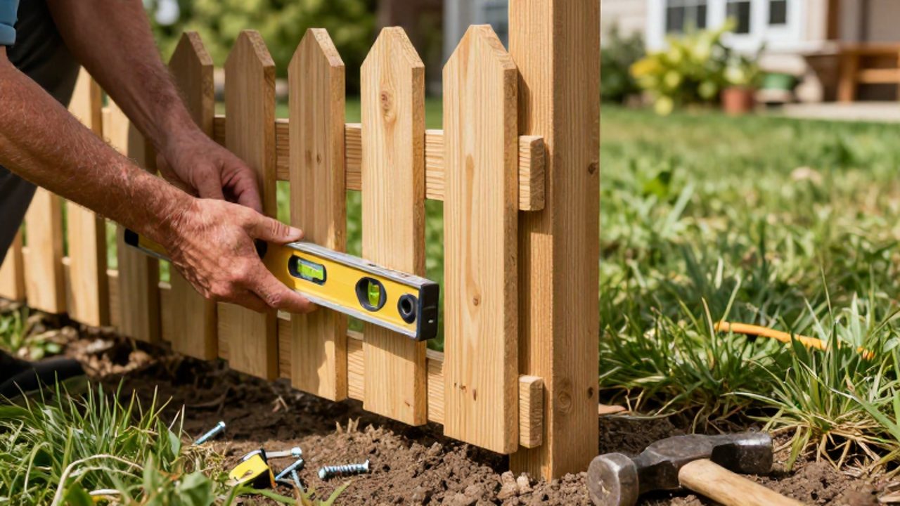 Unas manos sujetan un nivel contra un piquete de madera inclinado para mostrar un error de alineación durante la instalación de la valla en un jardín.