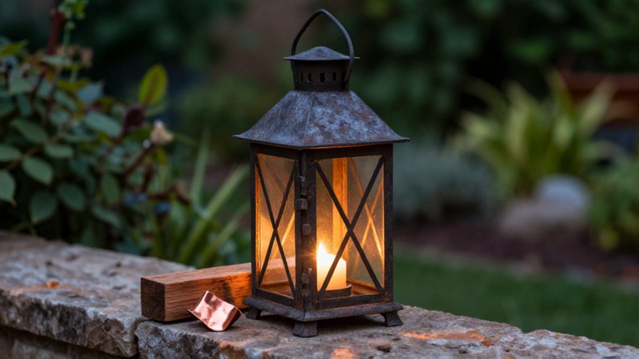 Farol de hierro forjado con luz cálida sobre un murete de piedra en un jardín al atardecer.