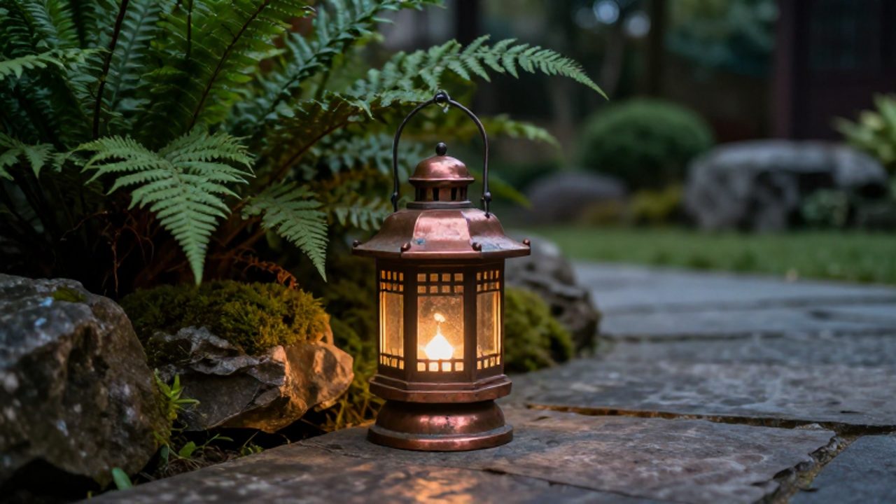 Farol de cobre envejecido con luz cálida sobre un sendero de piedra entre helechos y rocas en un jardín al atardecer.
