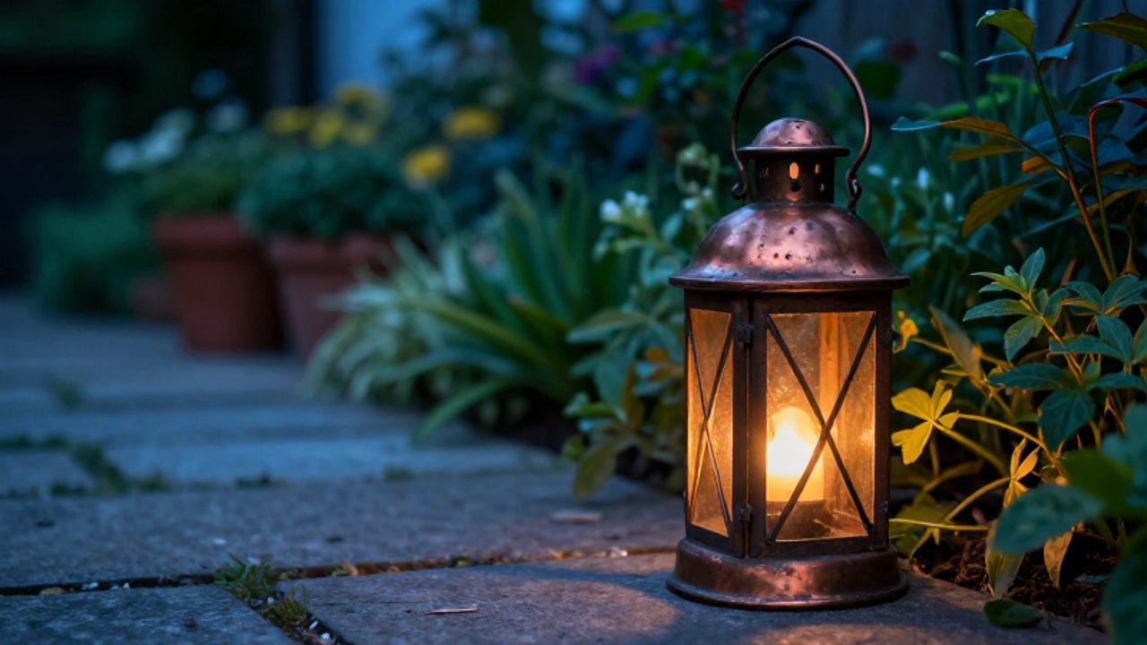 Farol rústico de cobre y hierro con luz cálida encendido sobre un sendero de piedra en un jardín al atardecer.