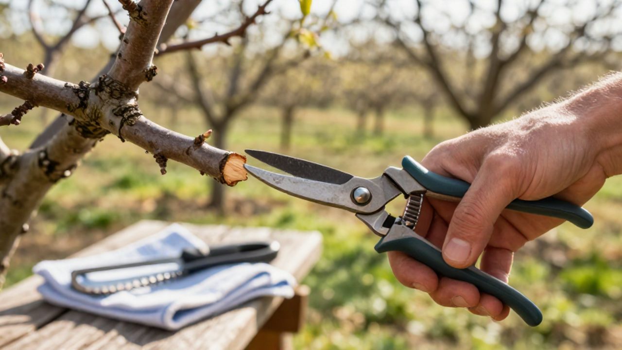 Unas manos utilizan tijeras de podar para realizar un corte limpio en la rama dañada de un árbol frutal en un huerto soleado.