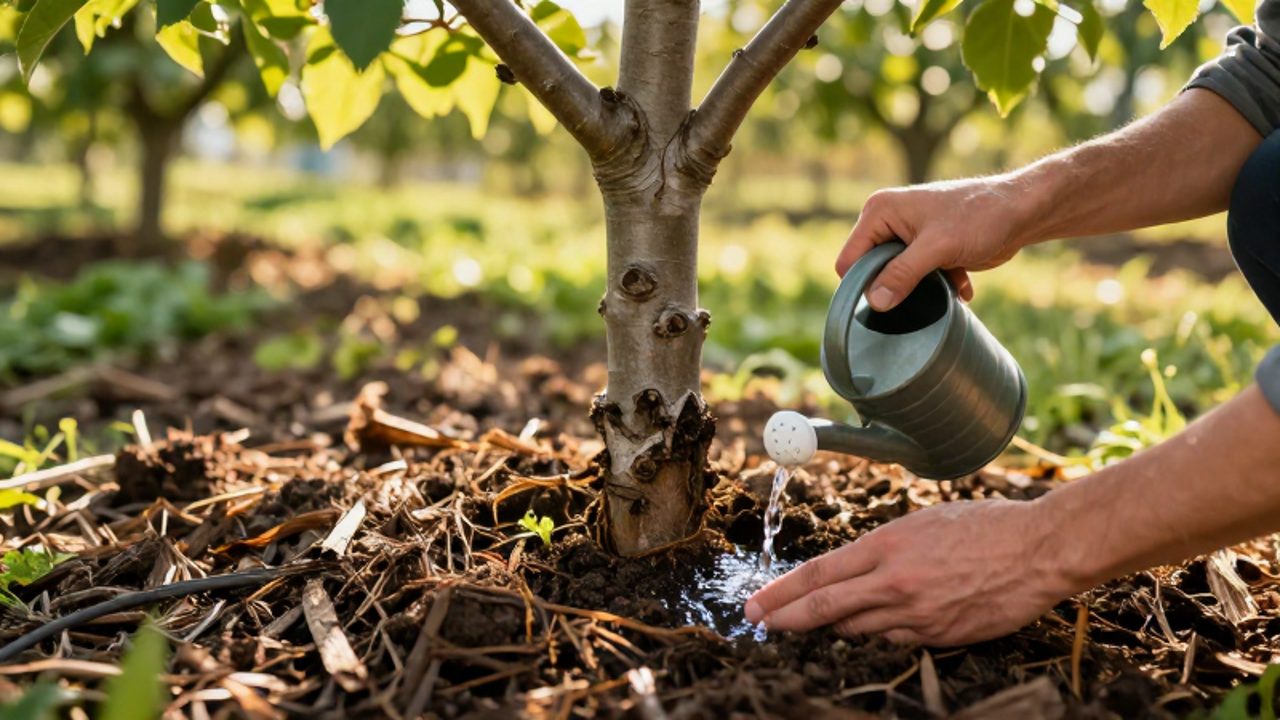 Unas manos riegan con fertilizante orgánico la base de un árbol frutal joven sobre un suelo cubierto de mantillo.