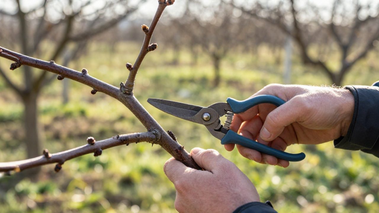 Unas manos con tijeras de podar inspeccionan una rama de un árbol frutal con daños por helada en un huerto.