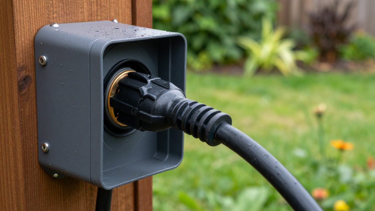 Extensión eléctrica de uso rudo conectada a una caja de conexiones impermeable montada en una estructura de madera en un jardín húmedo.