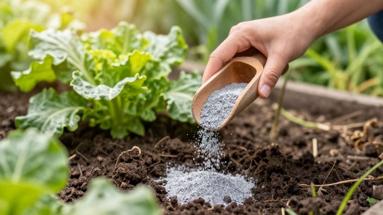 Unas manos esparcen ceniza de madera gris sobre la tierra oscura alrededor de la base de una planta verde en un huerto.