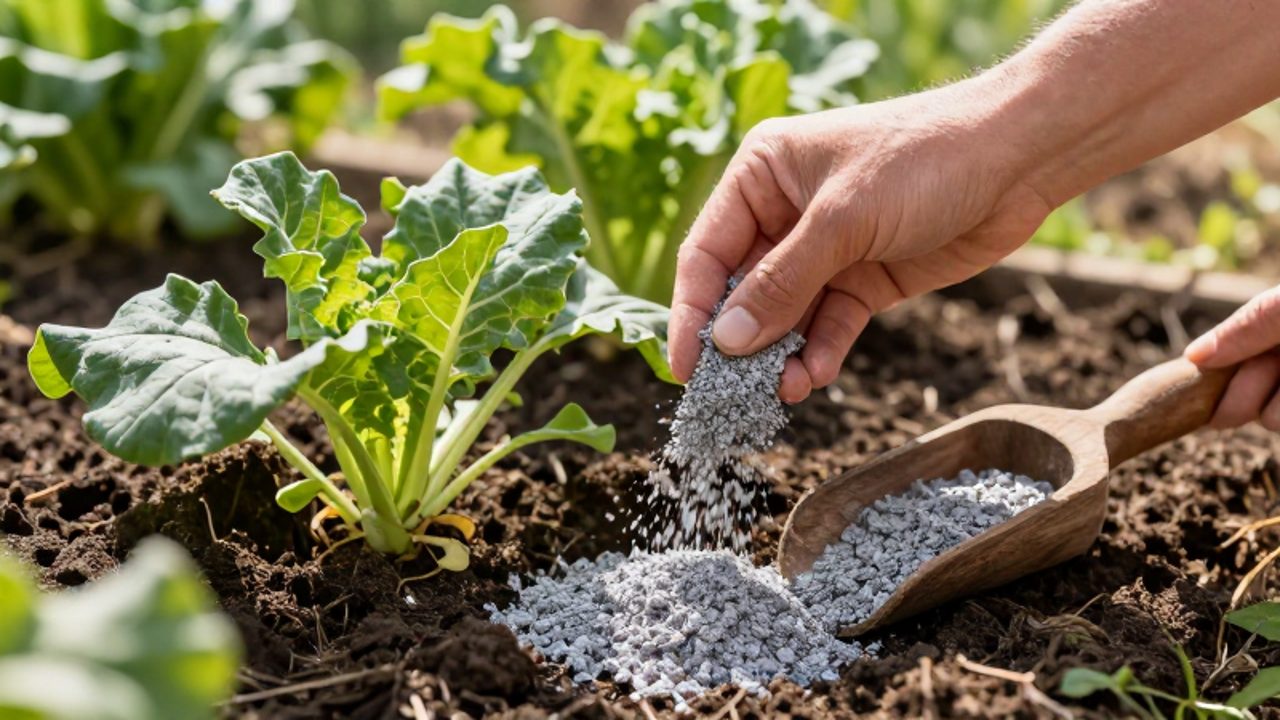 Unas manos esparcen con cuidado ceniza de madera gris sobre la tierra oscura al pie de una planta verde en un huerto soleado.