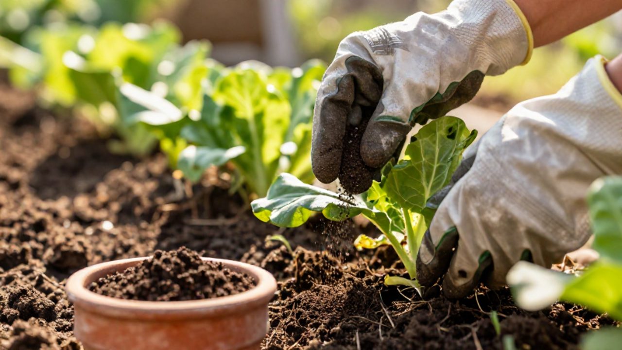 Unas manos con guantes esparcen guano orgánico sobre la tierra húmeda al pie de una planta de hortaliza en un jardín.