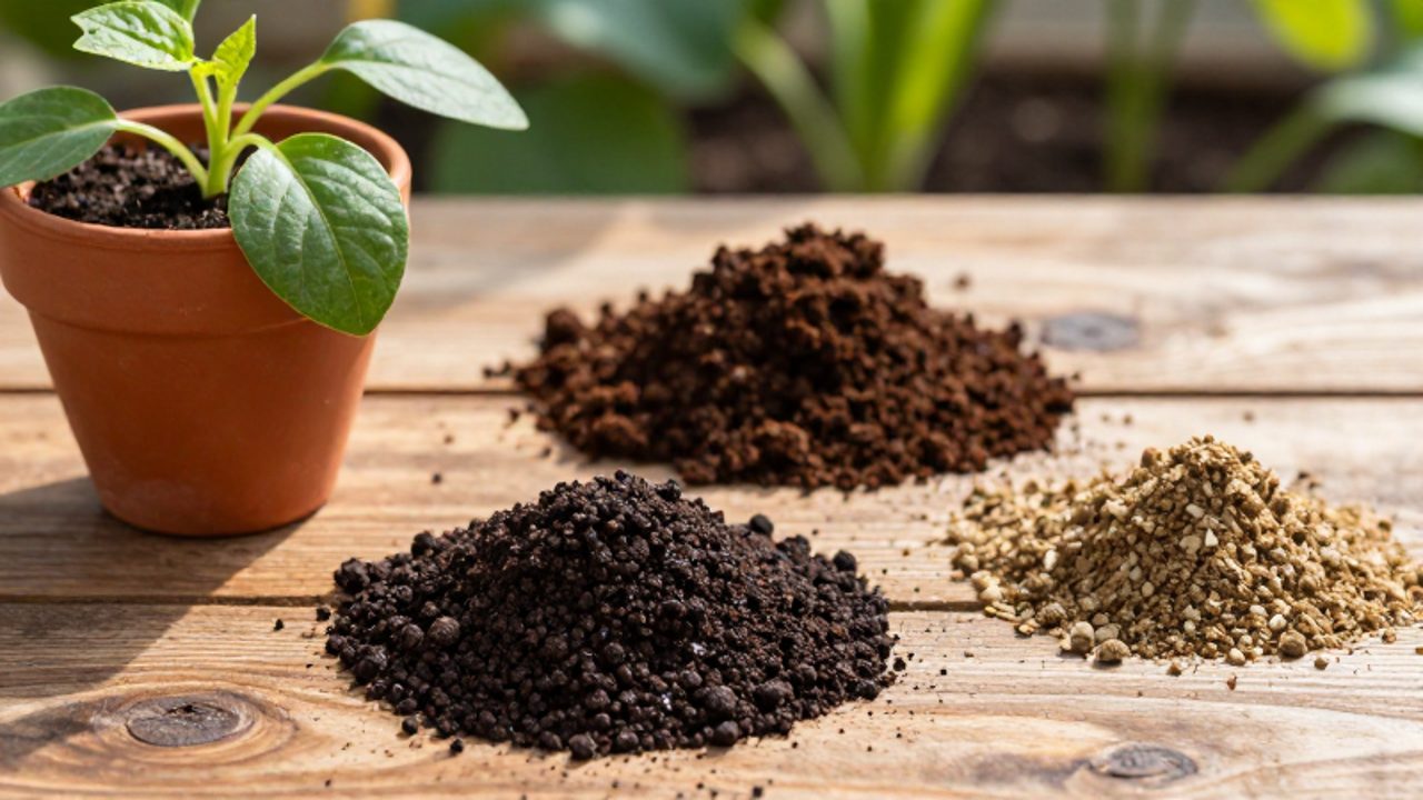 Comparativa de texturas entre guano de murciélago, compost y vermicompost junto a una pequeña planta en una maceta sobre una mesa de madera.