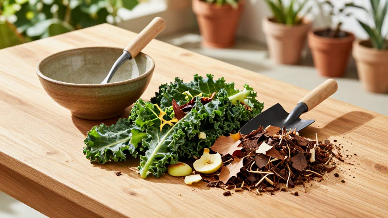 Montones de restos vegetales verdes y materiales marrones secos organizados sobre una mesa de madera para preparar compost.
