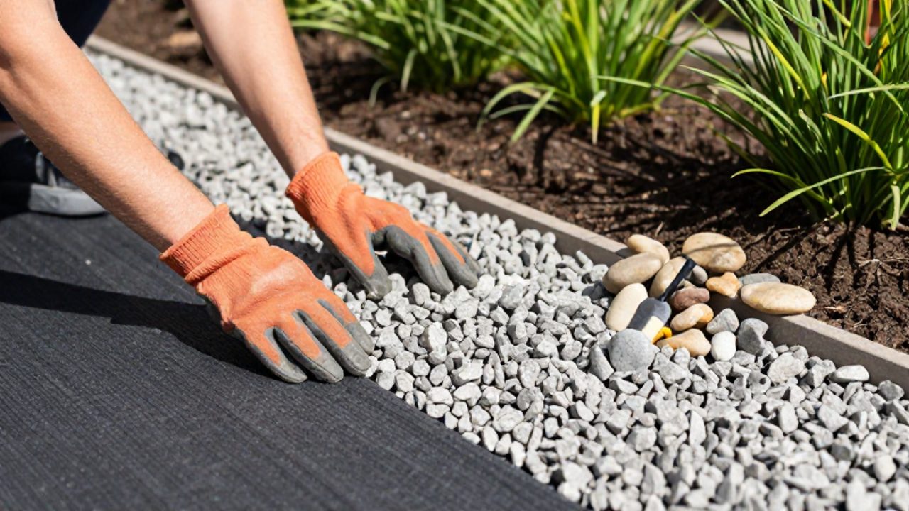 Manos con guantes extendiendo una capa de grava gris clara sobre una malla geotextil para cubrir el suelo de un jardín.