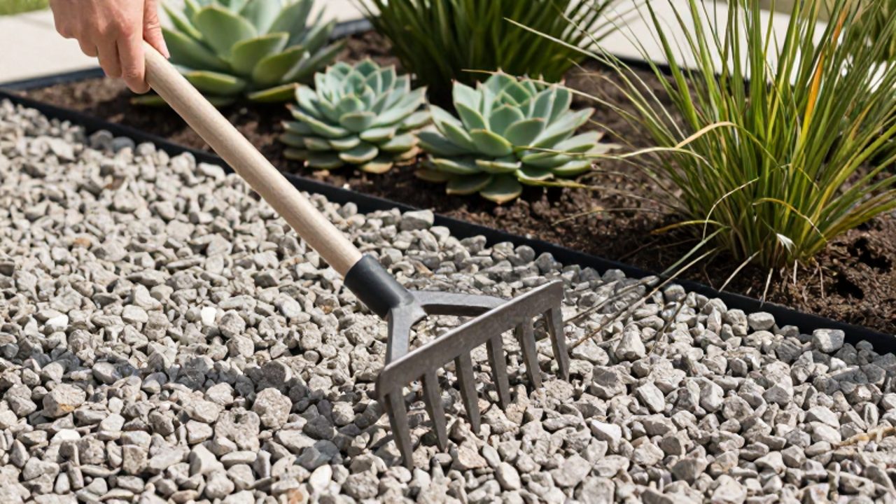 Manos nivelando una capa de grava gris clara con un rastrillo metálico alrededor de suculentas y gramíneas en un jardín seco.