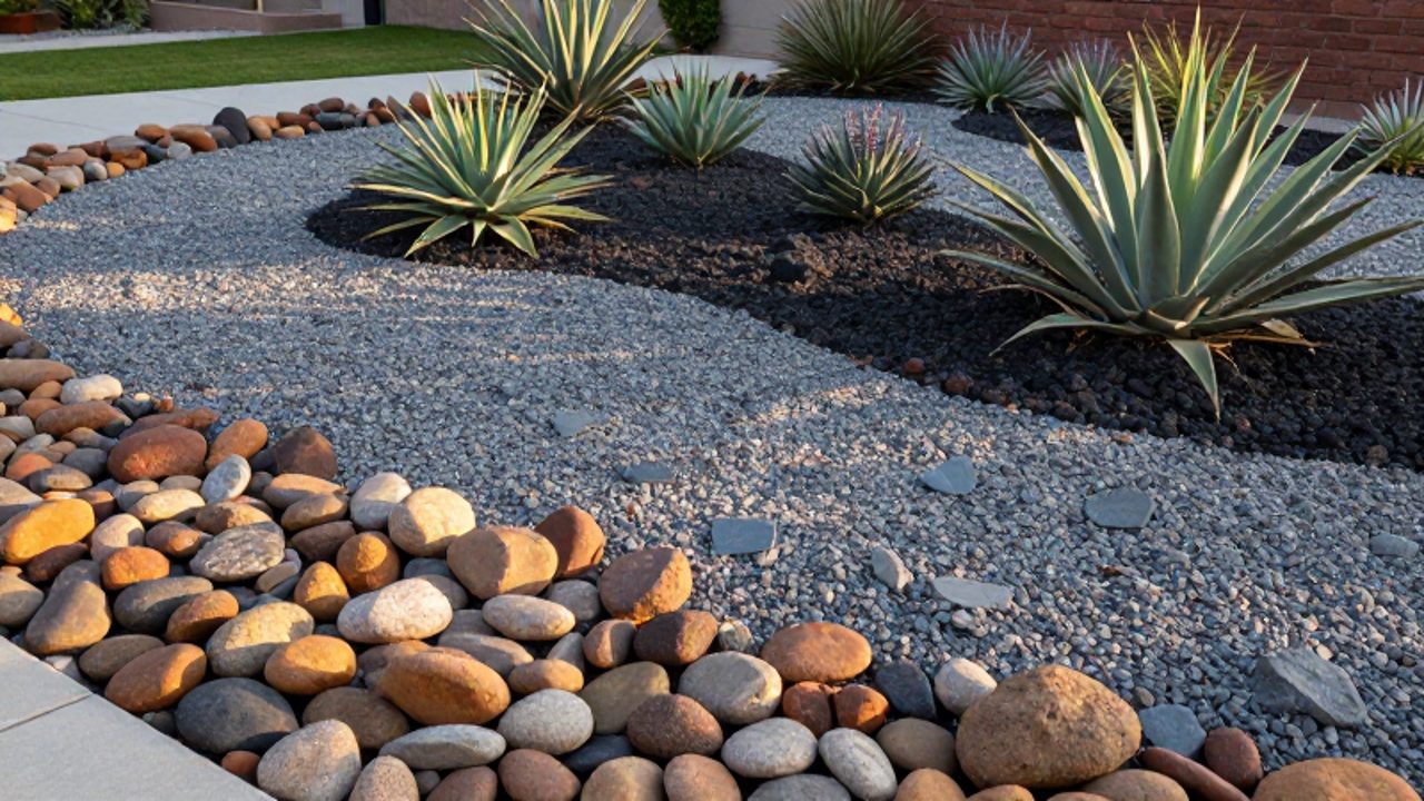 Diseño de jardín seco con senderos de piedras de río y áreas de grava de granito que rodean plantas suculentas y lavanda.