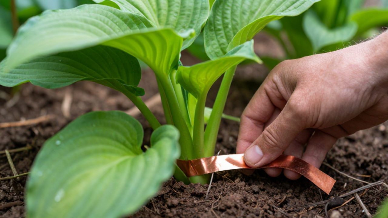 Una mano rodea la base de una planta de hosta con una cinta de cobre para crear una barrera protectora en el jardín.