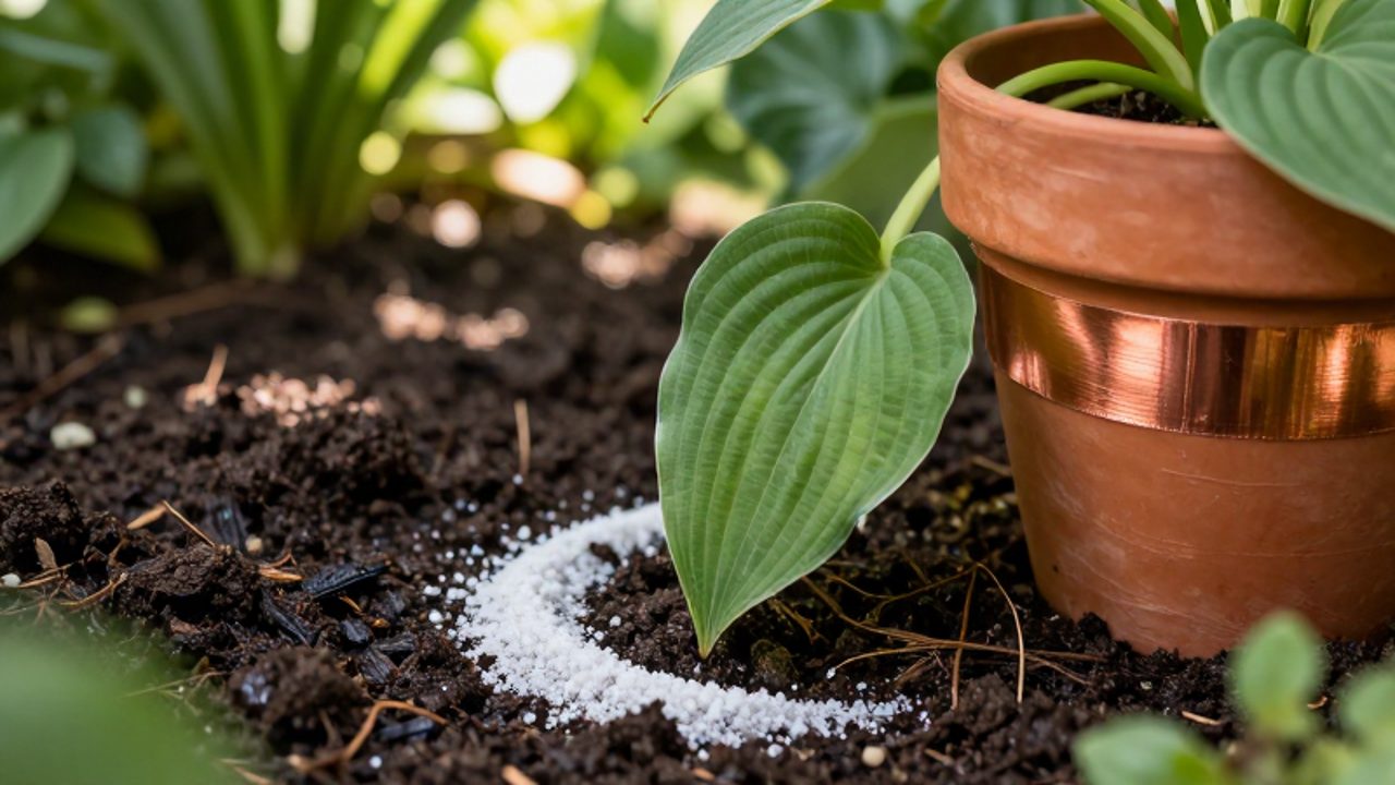 Cinta de cobre rodeando una maceta de terracota y un anillo de tierra de diatomeas sobre el suelo húmedo para proteger una planta de hosta.