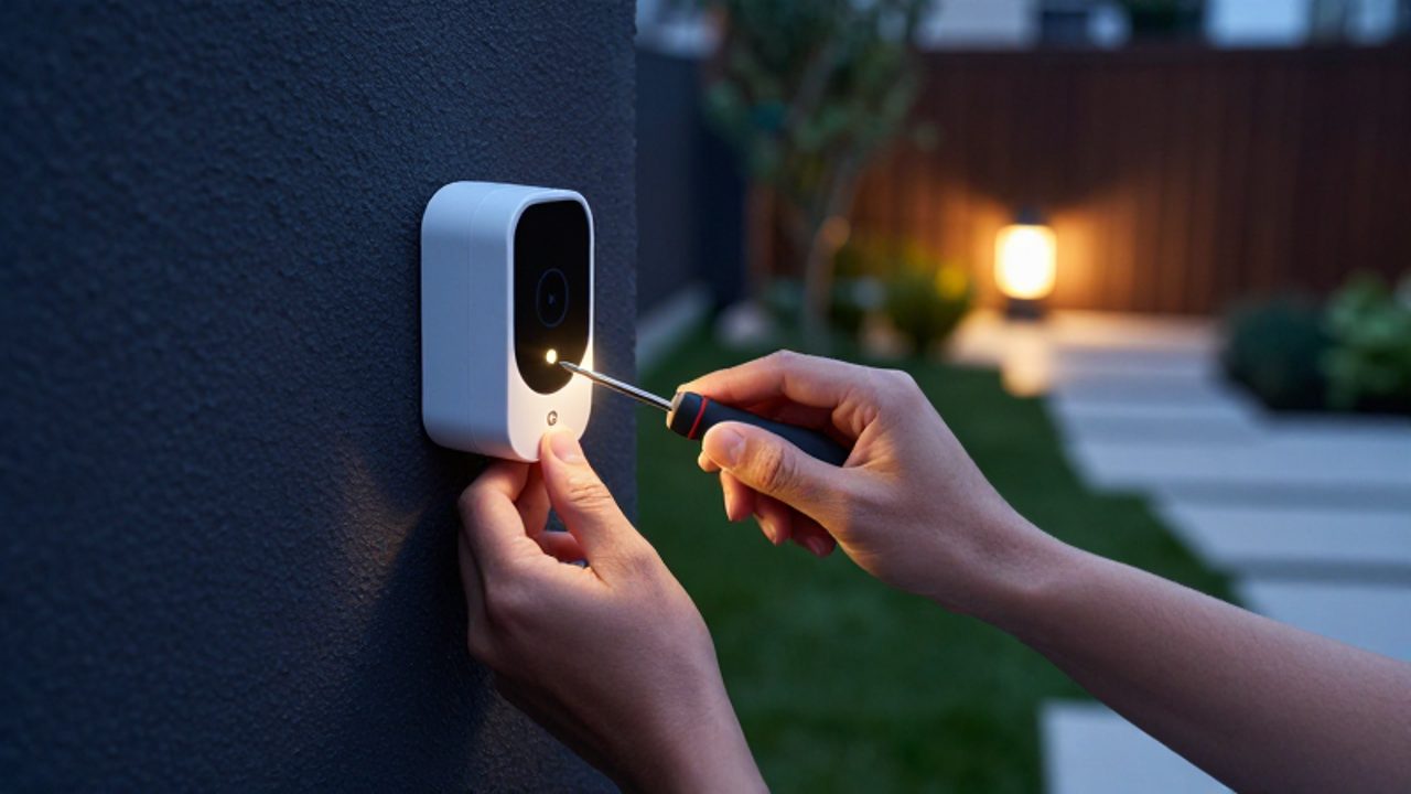 Manos ajustando con un destornillador un sensor de movimiento instalado en una pared exterior de un jardín.