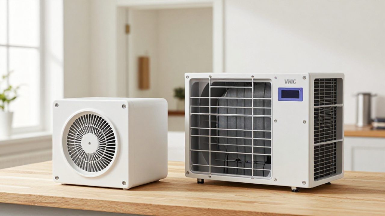 Dos unidades de ventilación mecánica, un extractor de flujo simple compacto a la izquierda y un sistema de doble flujo con intercambiador de calor a la derecha, sobre un banco de trabajo.