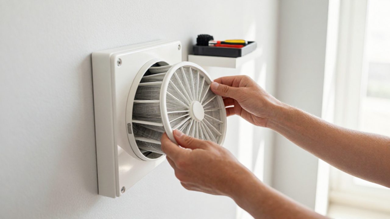 Manos revisando la acumulación de polvo en el filtro de aire de una unidad de ventilación VMC instalada en una pared.