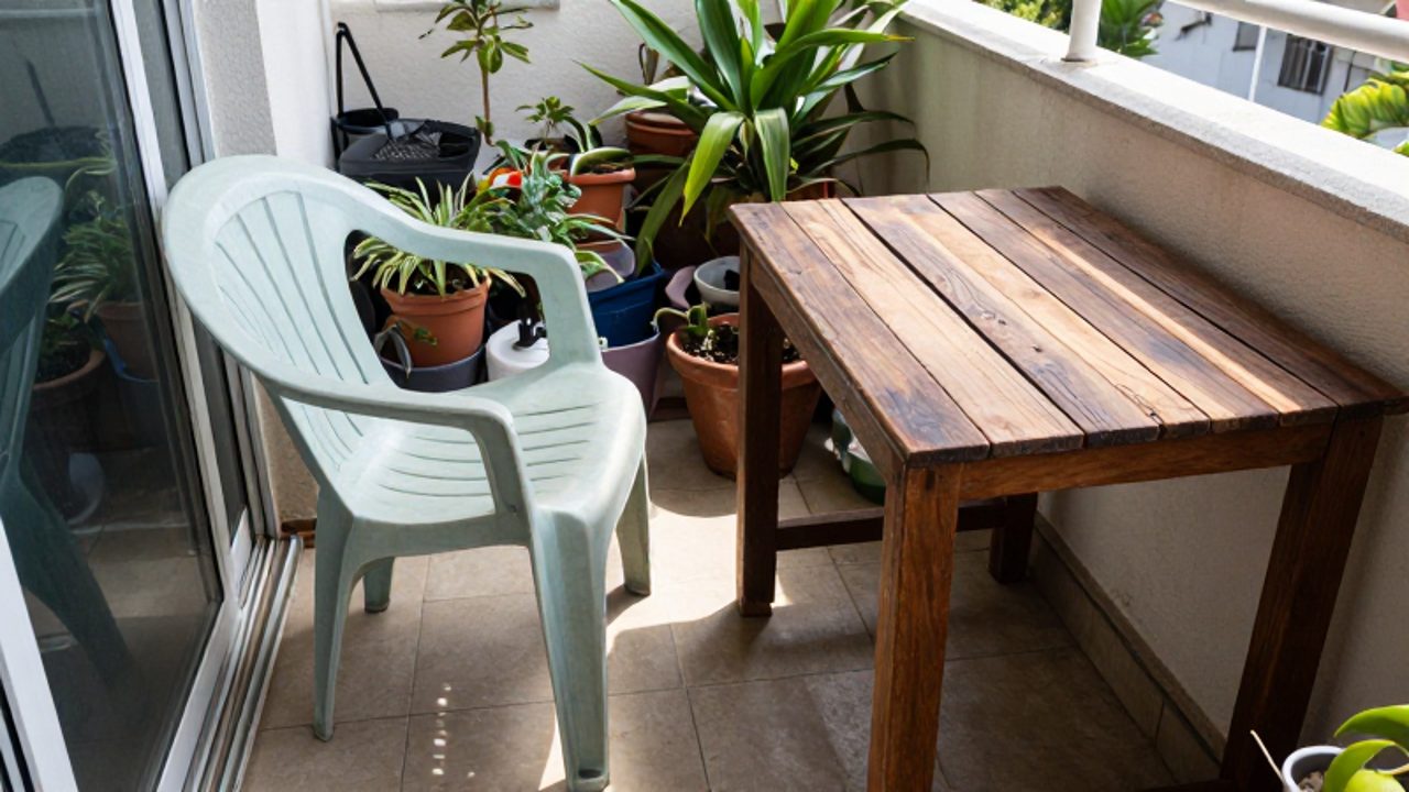 Silla de plástico demasiado grande y una mesa de madera pesada obstruyen el paso en un balcón pequeño y desordenado.