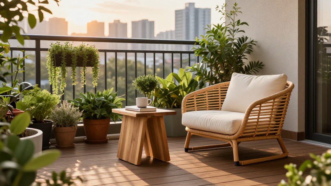 Balcón urbano pequeño con un sillón modular de madera y mimbre, una mesa auxiliar con un libro y una taza, rodeado de plantas verdes bajo la luz del atardecer.