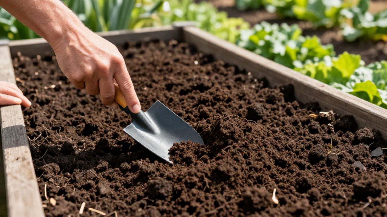 Manos de un jardinero mezclando compost orgánico oscuro con la tierra de un cantero para preparar el cultivo.