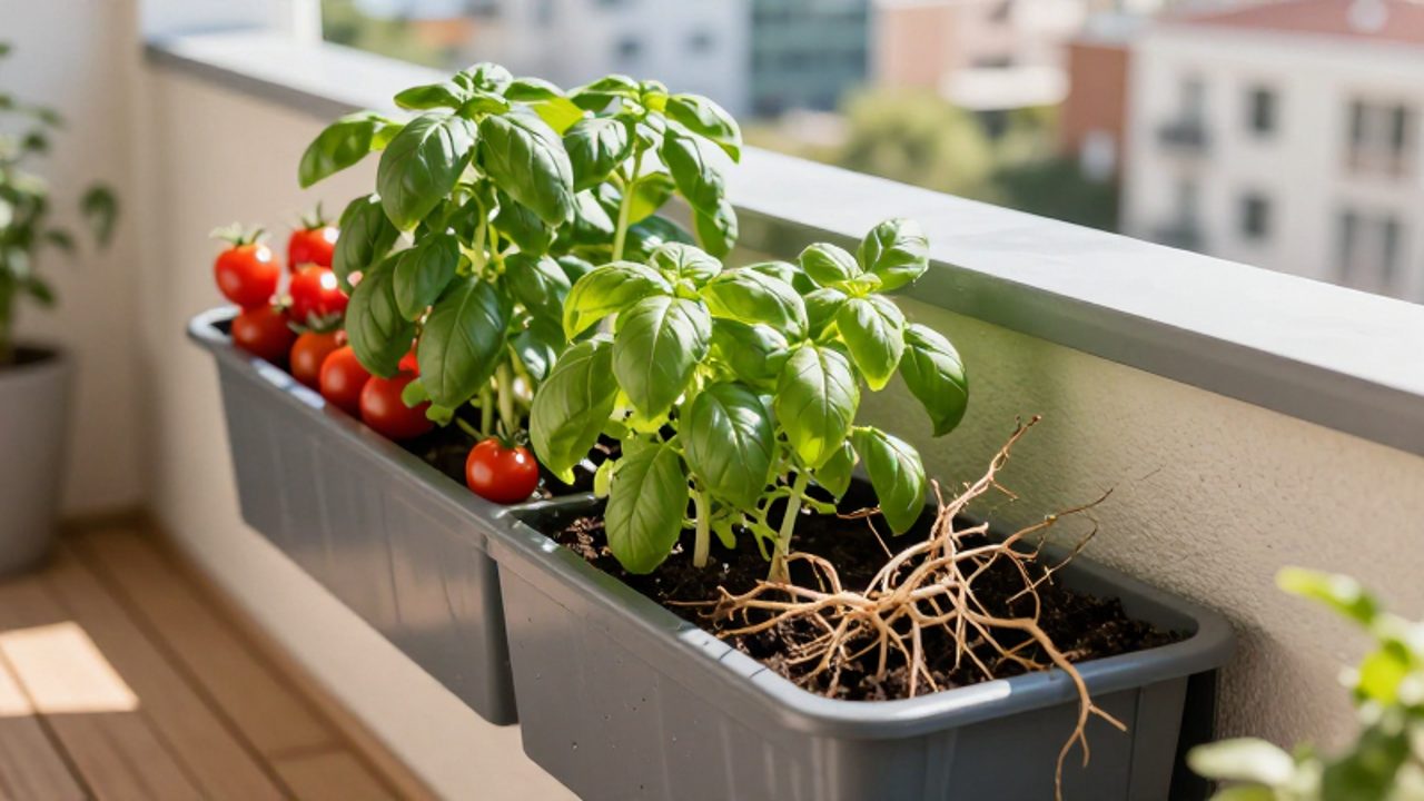 Comparativa entre plantas de un jardín vertical saludable, con tomates y albahaca, frente a plantas marchitas y con exceso de raíces en un balcón.