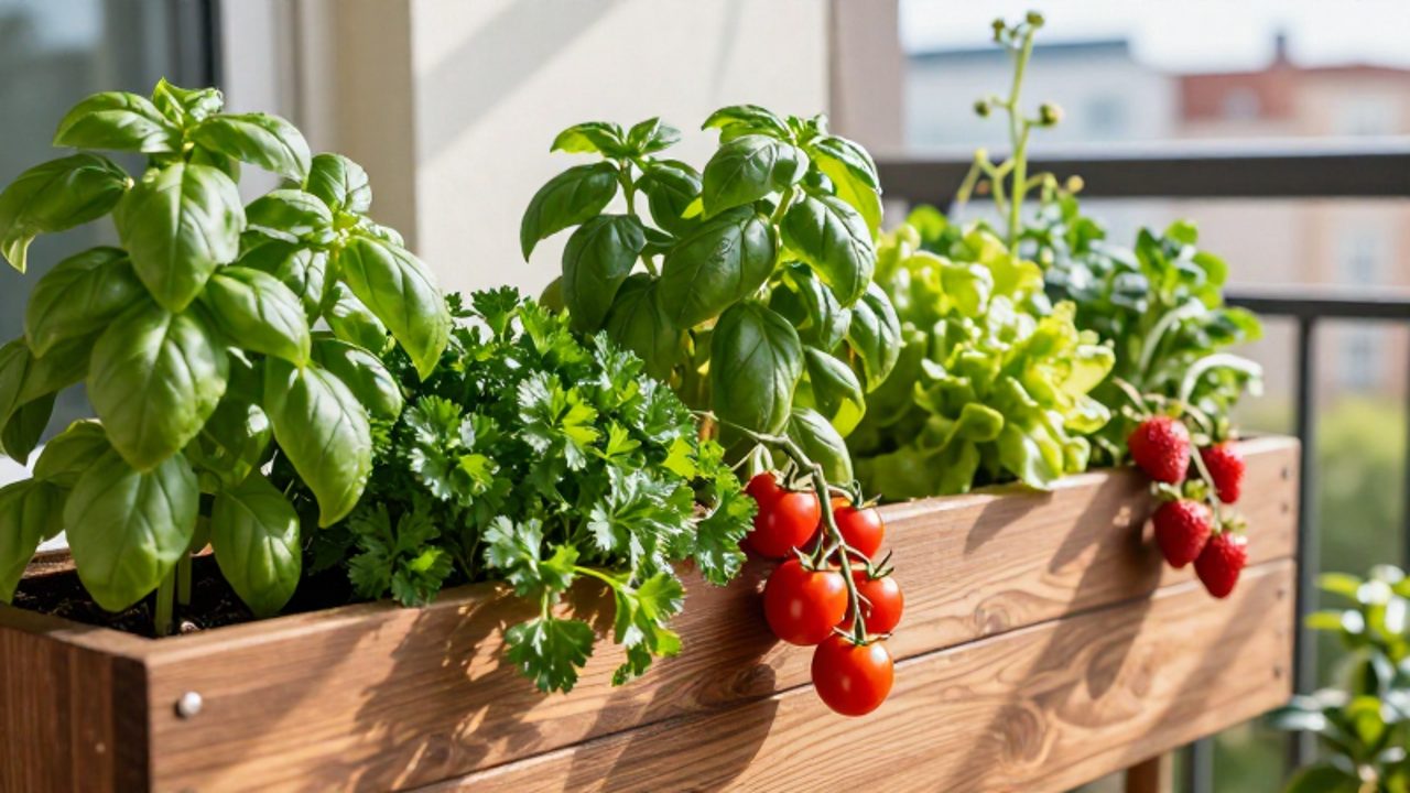 Macetas modulares de madera en un balcón urbano con plantas de albahaca, perejil, tomates cherry y fresas maduras.