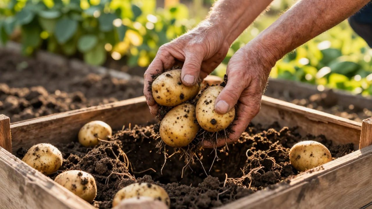 Manos de un jardinero recogiendo patatas recién cosechadas de la tierra en un huerto.