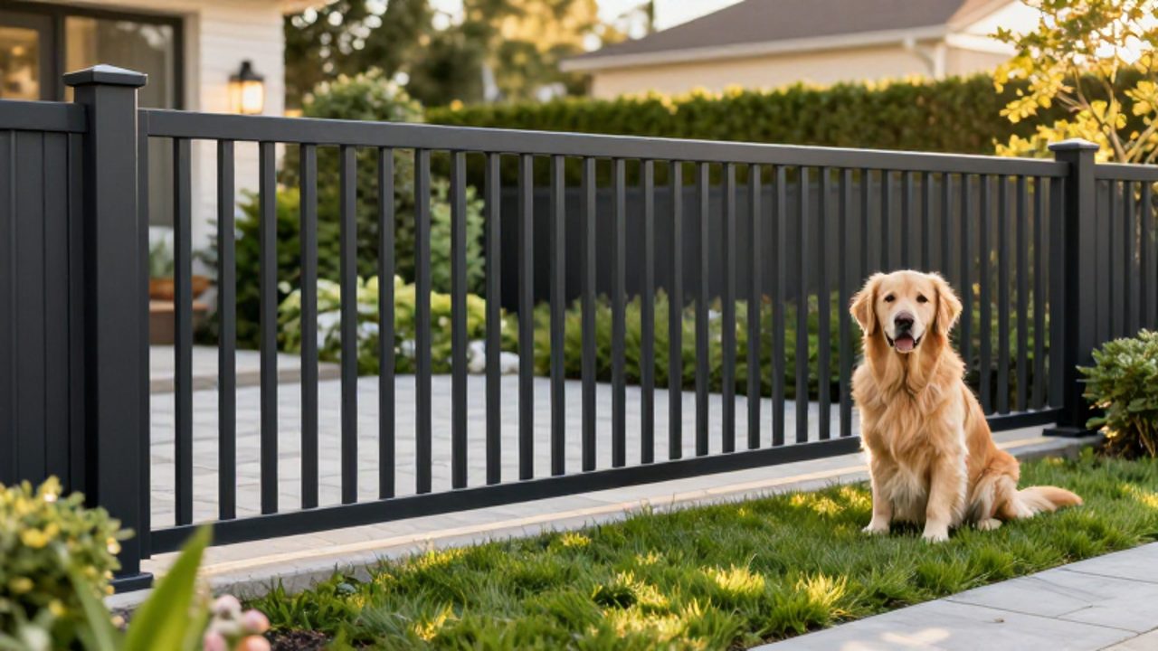 Un perro Golden Retriever sentado tranquilamente sobre el césped junto a una valla moderna de aluminio negro en un jardín residencial.