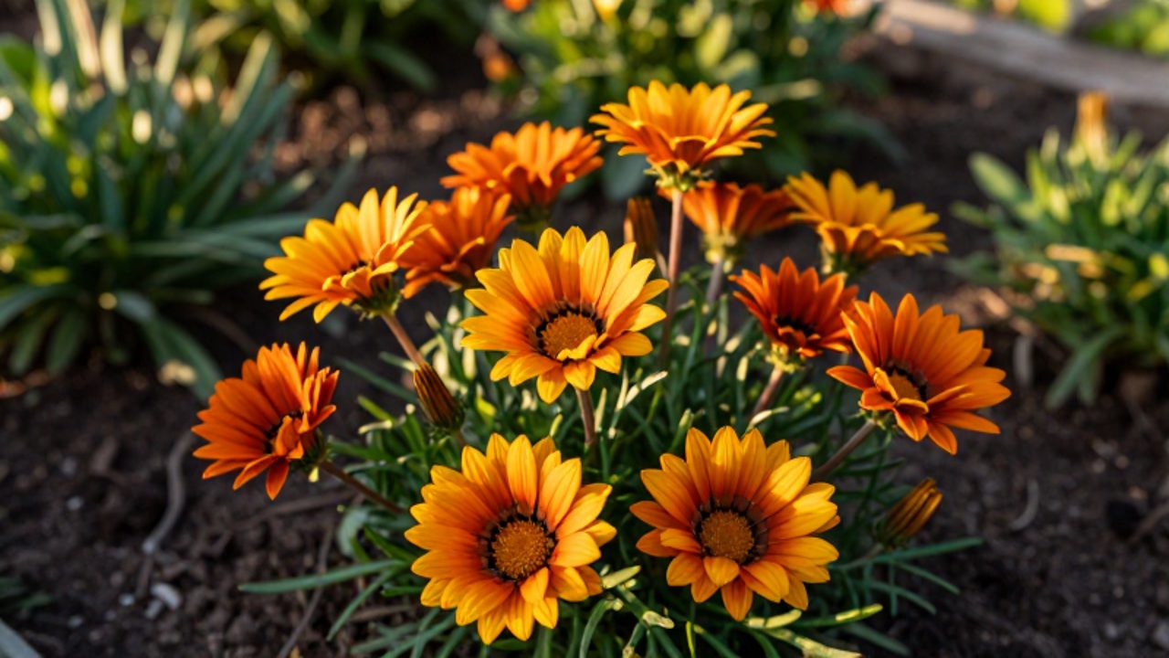 Grupo de flores de gazania de color naranja y amarillo abiertas bajo la luz del sol en un lecho de cultivo con tierra orgánica y vegetación verde.