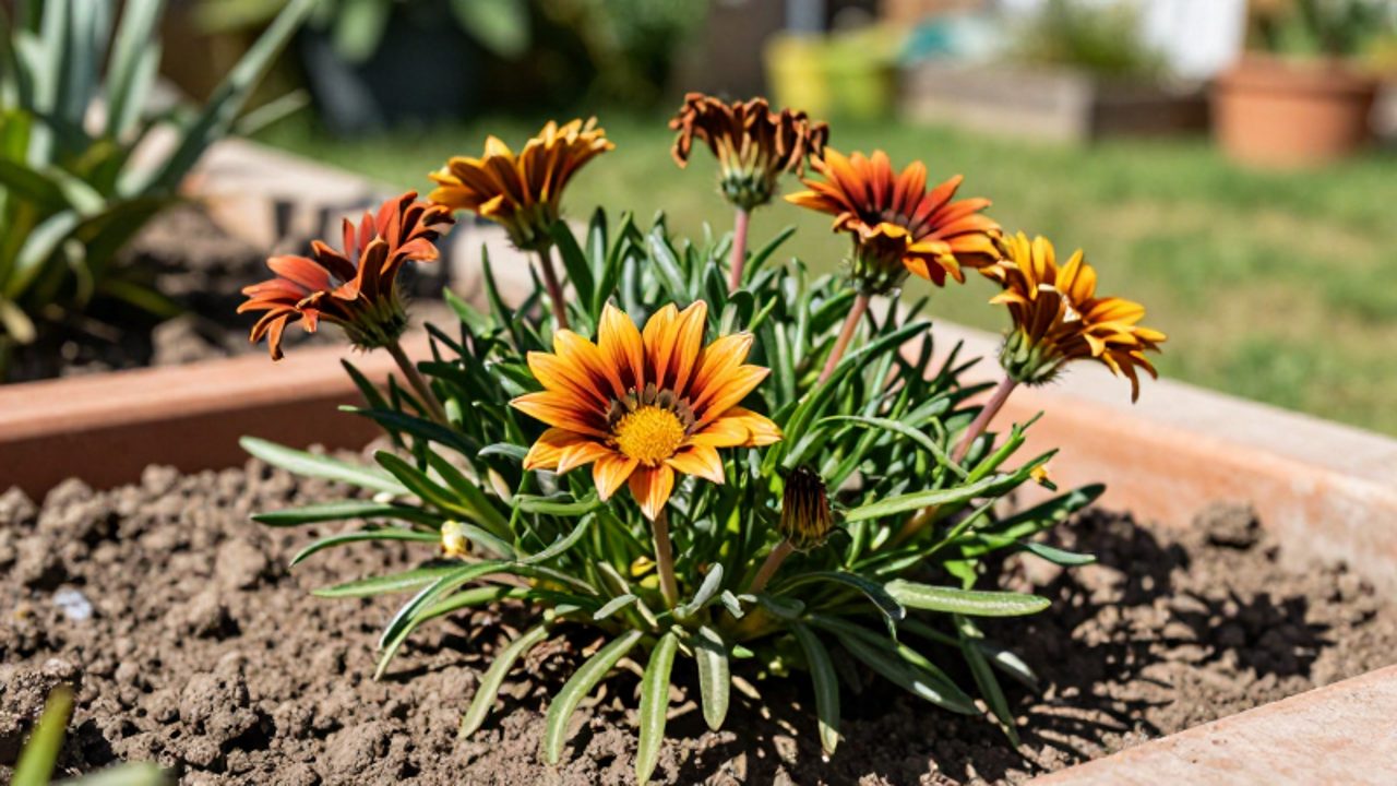 Grupo de flores de gazania marchitas y con hojas amarillentas plantadas en tierra seca y compacta.