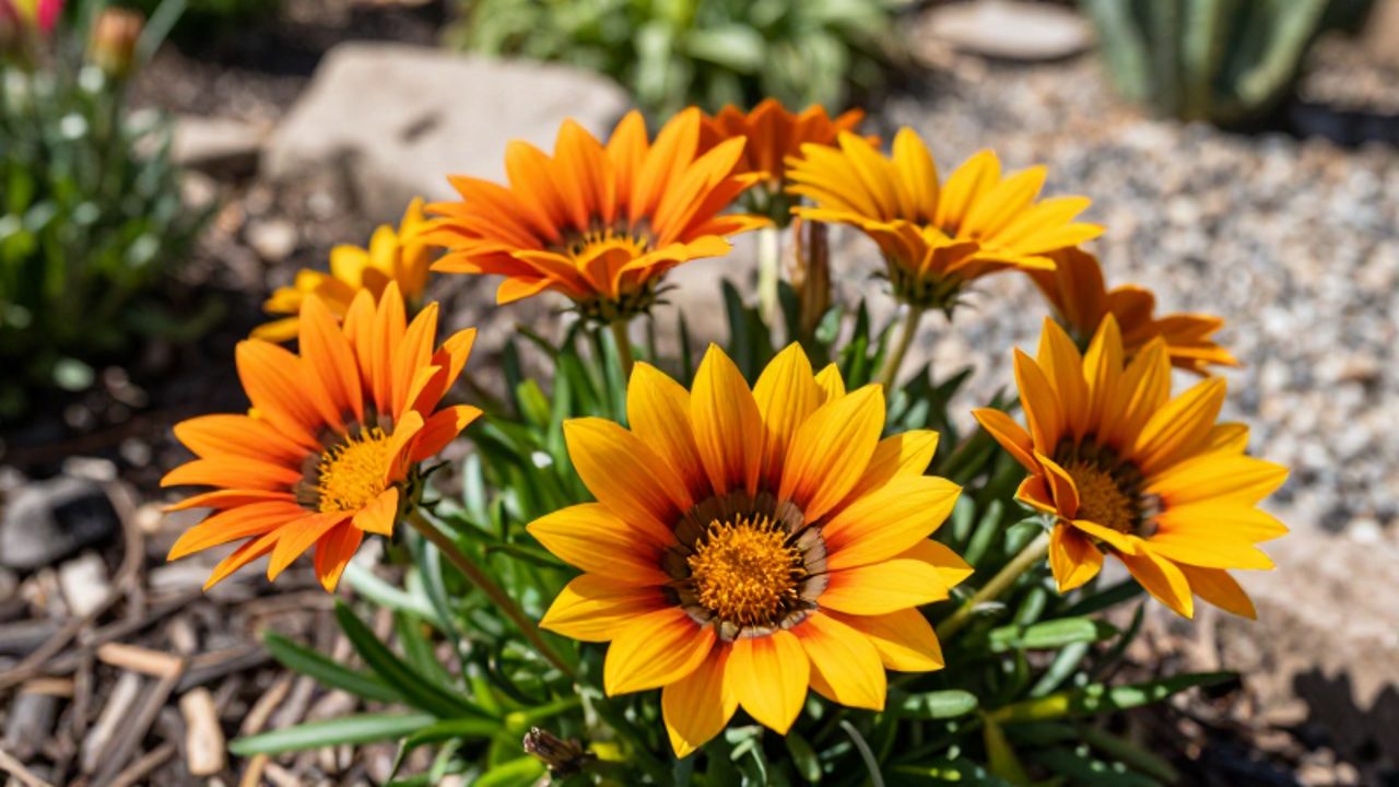 Grupo de flores de gazania de color naranja y amarillo con centros oscuros floreciendo bajo la luz del sol en un jardín.