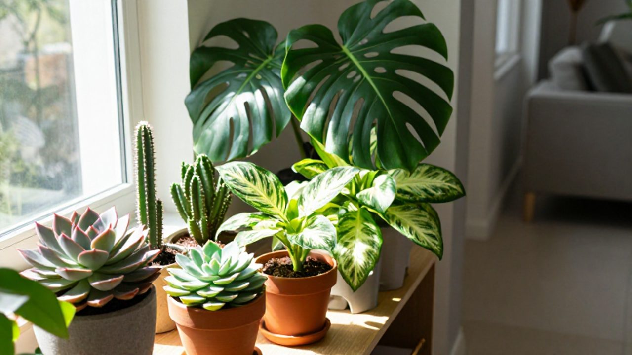 Variedad de plantas de interior dispuestas sobre un mueble junto a una ventana, mostrando su diferencia de textura y color desde las suculencias bajo sol directo hasta una Monstera en sombra.