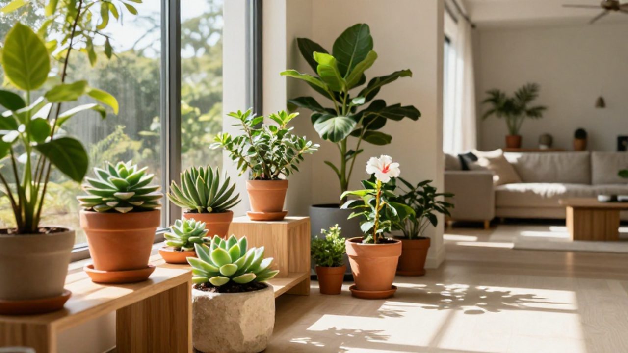 Variedad de plantas de interior, como suculentas y un hibisco, iluminadas por la luz natural que entra por un gran ventanal en un salón moderno.