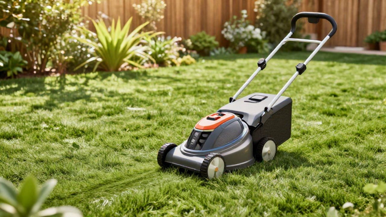 Cortadora de césped eléctrica inalámbrica funcionando sobre un jardín con césped verde y bien cuidado.