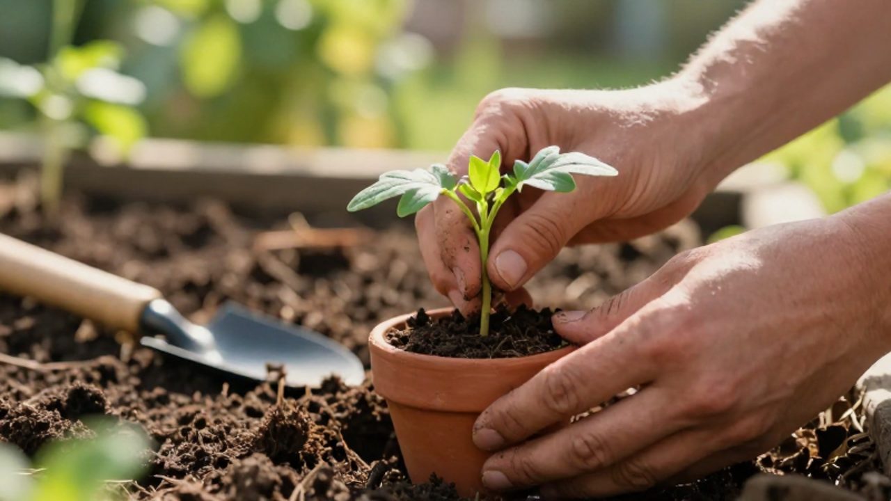 Unas manos trasplantan con cuidado una plántula de cosmos desde una maceta de terracota hacia un lecho de tierra fértil en un jardín soleado.